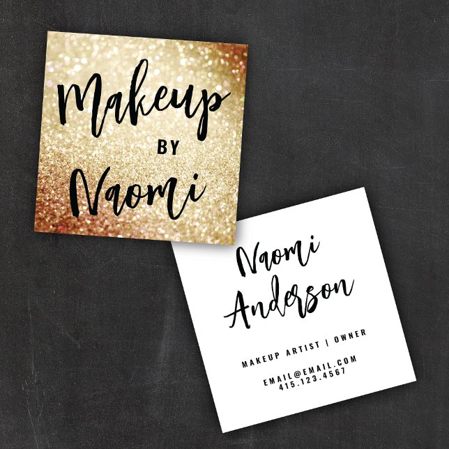 Chic Gold Glitter + Modern Calligraphy Script Square Business Card (Creator Uploaded)