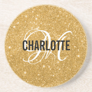 Chic gold glitter monogram name coaster