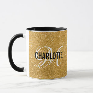 Chic gold glitter monogram name coffee mug