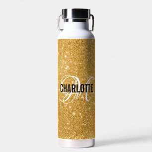 Chic gold glitter monogram name water bottle