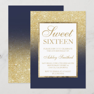 Chic gold glitter ombre blue elegant Sweet sixteen Invitation