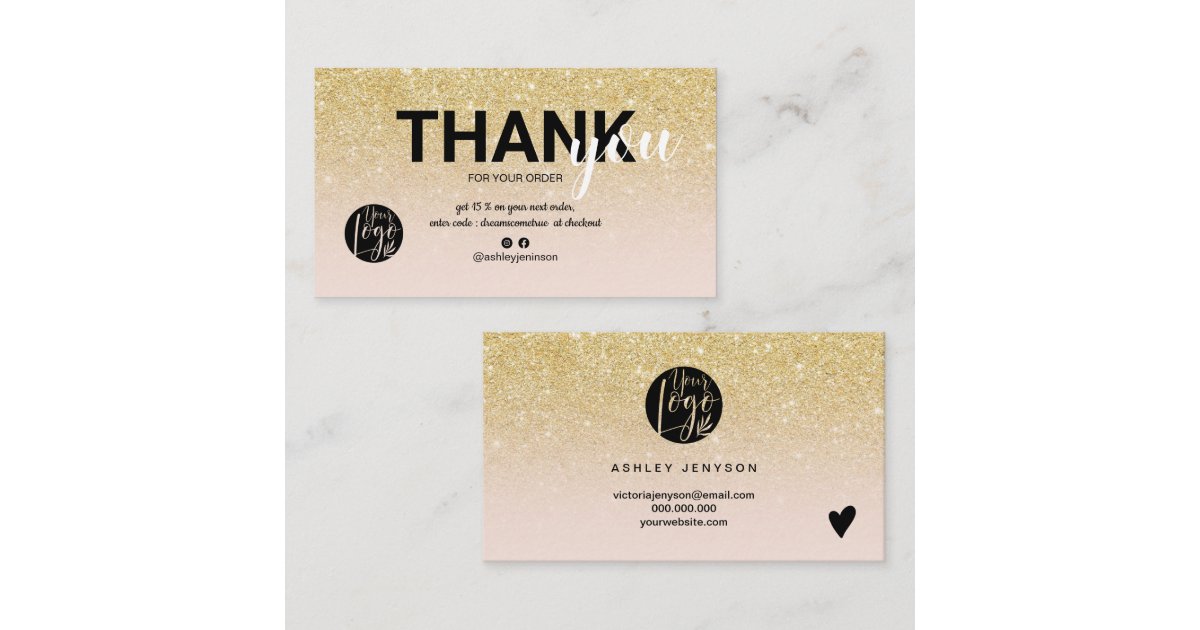 Chic gold glitter ombre cool logo order thank you business card | Zazzle