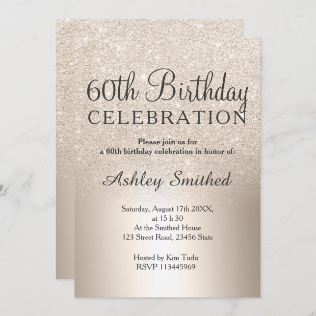 chic gold glitter ombre metallic 60th birthday invitation (Front/Back)