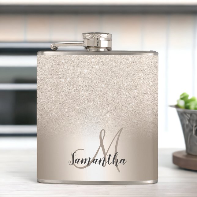 Chic gold glitter ombre metallic foil monogram hip flask (Chic gold glitter ombre metallic foil monogram flask)