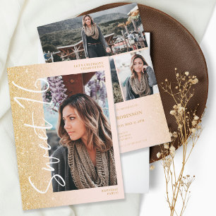 Chic gold glitter ombre script 4 photos Sweet 16 Invitation