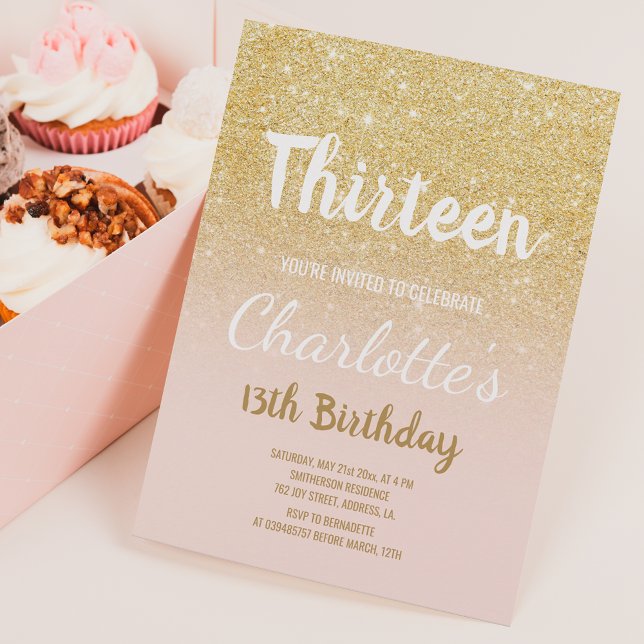 Chic gold glitter ombre script thirteen Birthday Invitation (Creator Uploaded)
