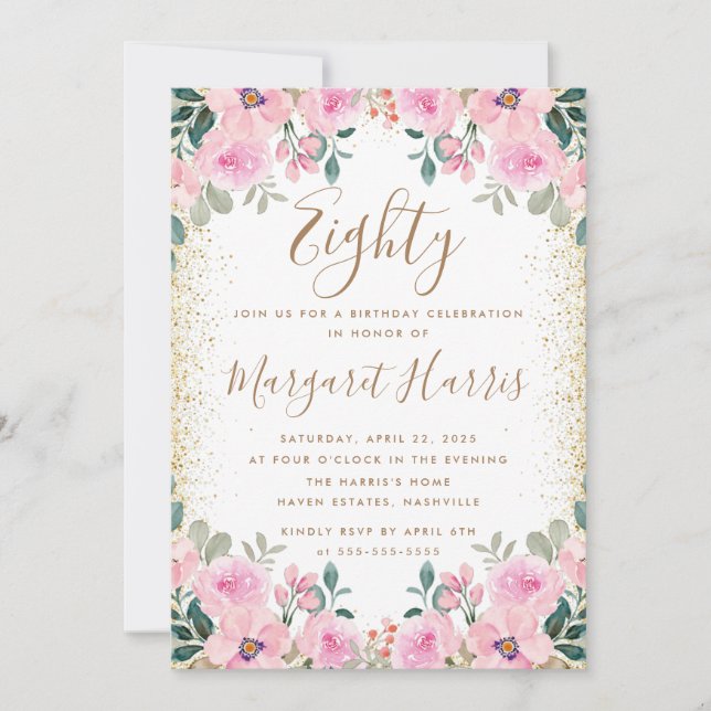 Chic Gold Glitter Pink Floral 80th Eighty Birthday Invitation (Front)