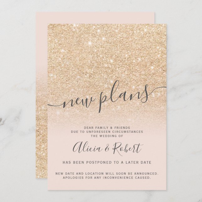 Chic gold glitter pink postponed new plans invitation (Front/Back)