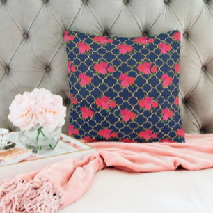 Chic Gold Glitter Quatrefoil Pink Floral Pink Blue Cushion