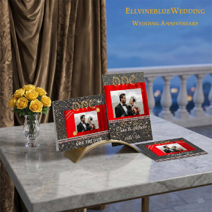 Chic Gold Glitter & Red Silk 1st Anniversary Photo Invitation