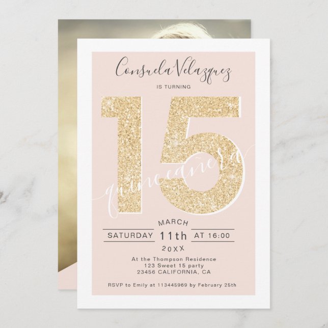 Chic gold glitter script blush quinceanera photo invitation (Front/Back)