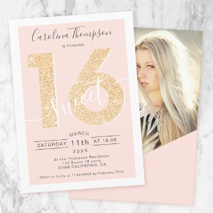 Chic gold glitter script blush Sweet 16 photo Invitation
