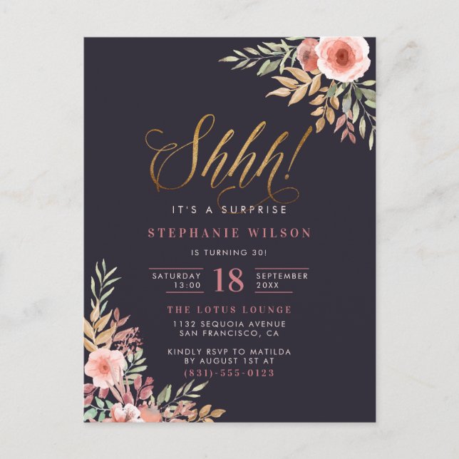 Chic Gold Glitter Script Floral Surprise Birthday Invitation Postcard (Front)