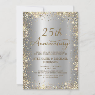 Chic Gold Glitter Silver 25th Wedding Anniversary Invitation