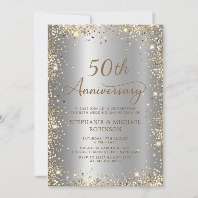 Chic Gold Glitter Silver 50th Wedding Anniversary Invitation (Front)
