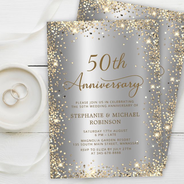 Chic Gold Glitter Silver 50th Wedding Anniversary Invitation (Creator Uploaded)