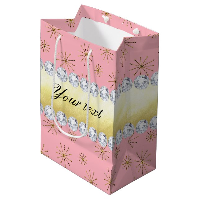 Chic Gold Glitter Snowflakes Pink Medium Gift Bag (Front Angled)