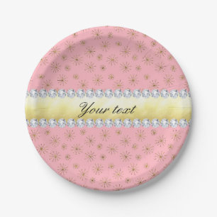 Chic Gold Glitter Snowflakes Pink Paper Plate