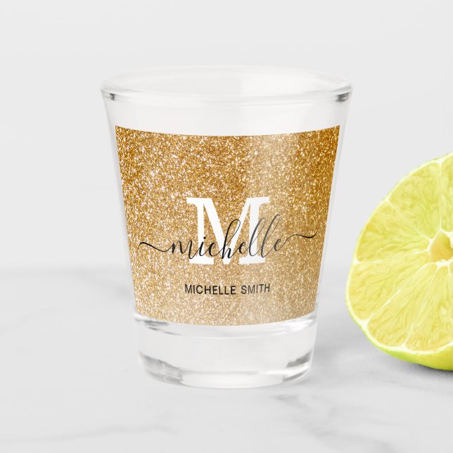Chic Gold Glitter Sparkle Monogram Elegant Shot Glass (Front)