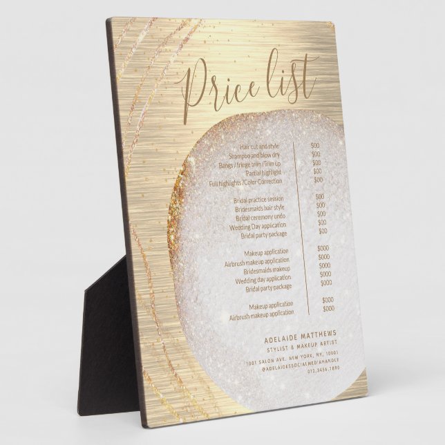 Chic Gold Glitter Stylist Salon Price List Service Plaque (Side)