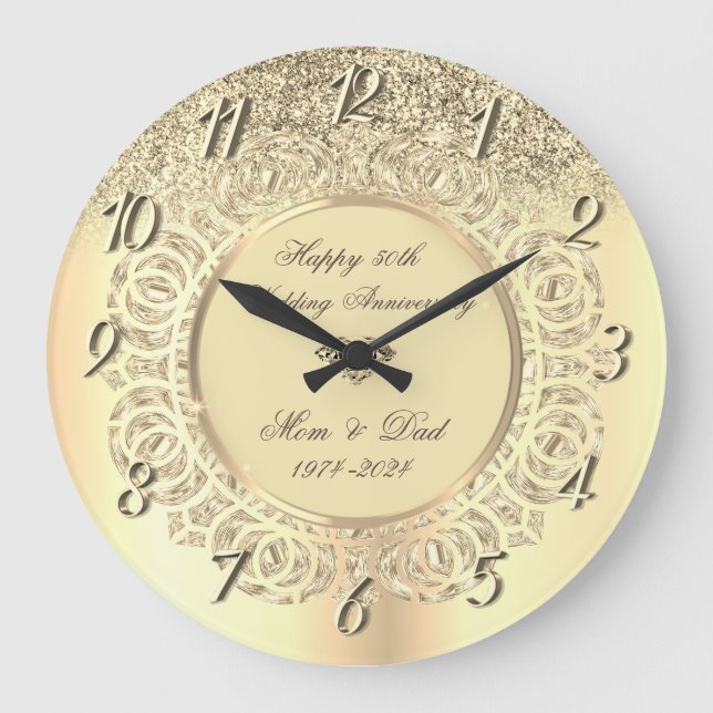 Chic Gold Glitter  Swirls 50 Wedding Anniversary Large Clock (Front)