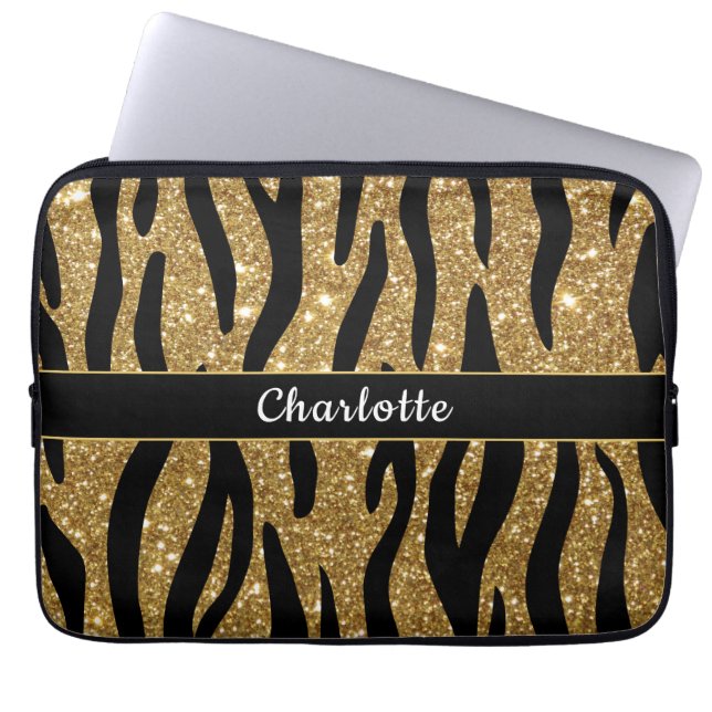 Chic Gold Glitter Tiger Stripe Laptop Sleeve (Front)