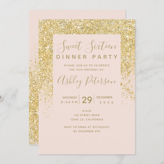Chic gold glitter typography blush pink Sweet 16 Invitation (Front/Back)