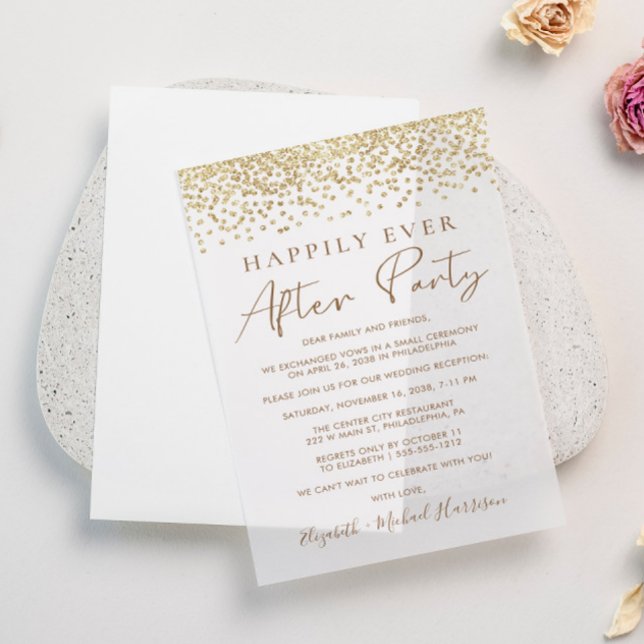 Chic Gold Glitter Wedding Reception Vellum Invitations (Elevate your wedding invitations with the timeless beauty of vellum overlays)
