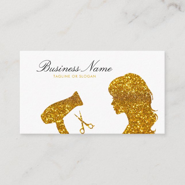 Chic Gold Glitter Woman Hairdresser Appointment Card (Front)