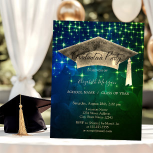 Chic Gold Graduation Cap,Stars Green Graduation  Invitation