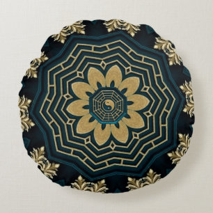 Chic Gold & Green Asian Style Round Cushion