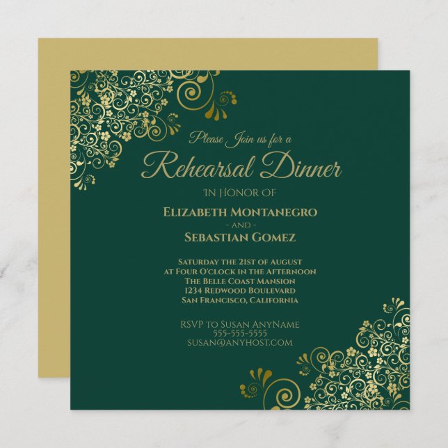 Chic Gold & Green Wedding Rehearsal Dinner Square Invitation (Front/Back)