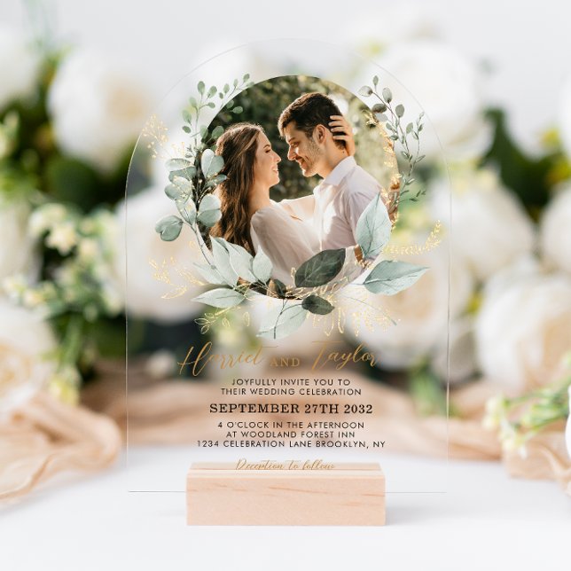 Chic Gold Greenery Eucalyptus Photo Wedding Arch Acrylic Invitations (Creator Uploaded)