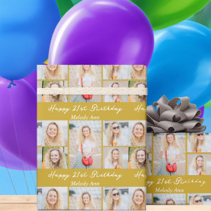 Chic Gold Happy Birthday Photo Collage Wrapping Paper