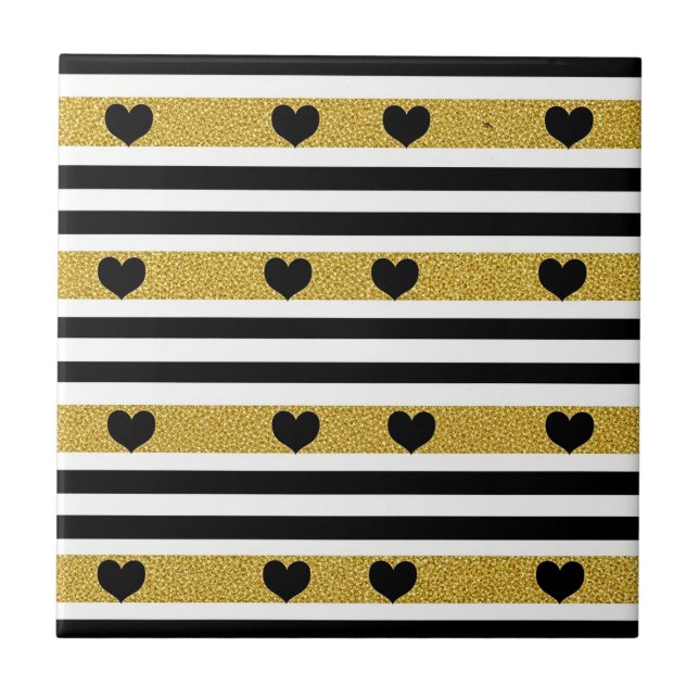 Chic Gold Heart Monochrome Pattern Ceramic Tile (Front)