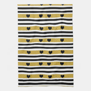 Chic Gold Heart Monochrome Pattern Tea Towel