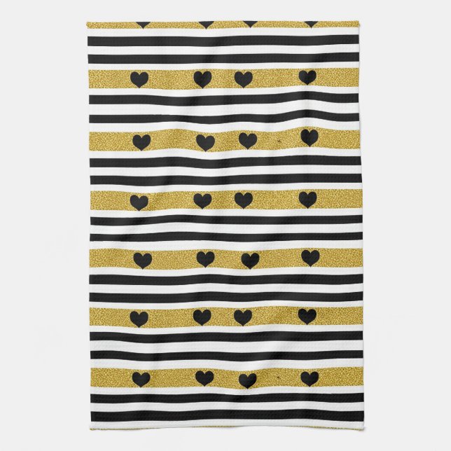 Chic Gold Heart Monochrome Pattern Tea Towel (Vertical)