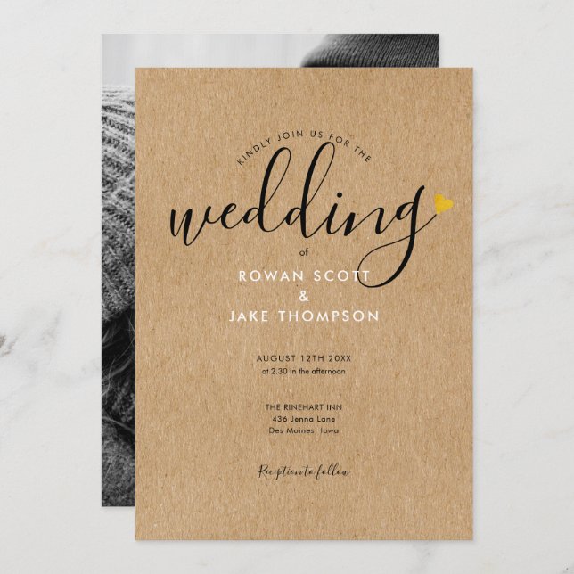 Chic Gold Heart Rustic Kraft Photo Wedding Invitation (Front/Back)