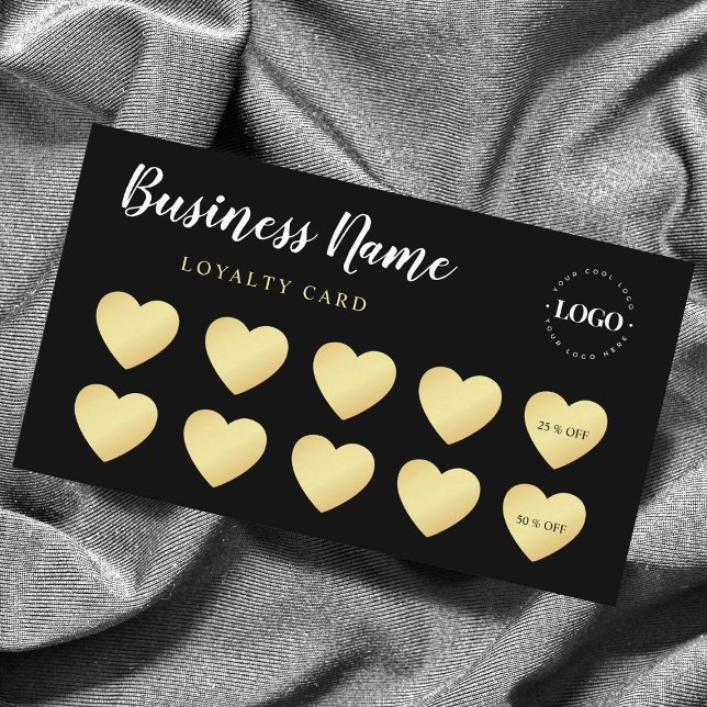 Chic Gold Heart Simple Black Custom Business Logo Loyalty Card (Creator Uploaded)