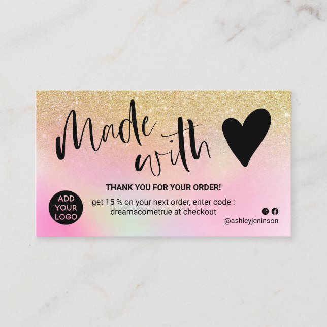 Chic gold holographic thank you made with love business card (Front)