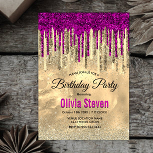 Chic gold hot pink purple glitter drips monogram invitation