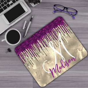 Chic gold, hot pink purple glitter drips monogram mouse pad