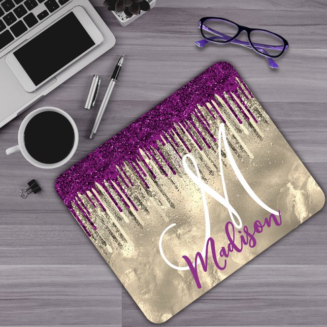 Chic gold, hot pink purple glitter drips monogram mouse pad (Creator Uploaded)