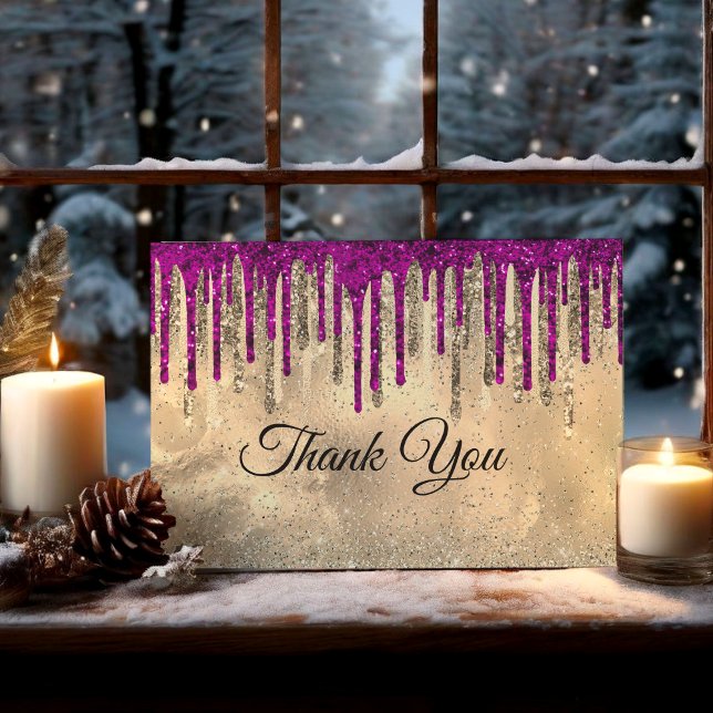 Chic gold hot pink purple glitter drips thank you card (Creator Uploaded)