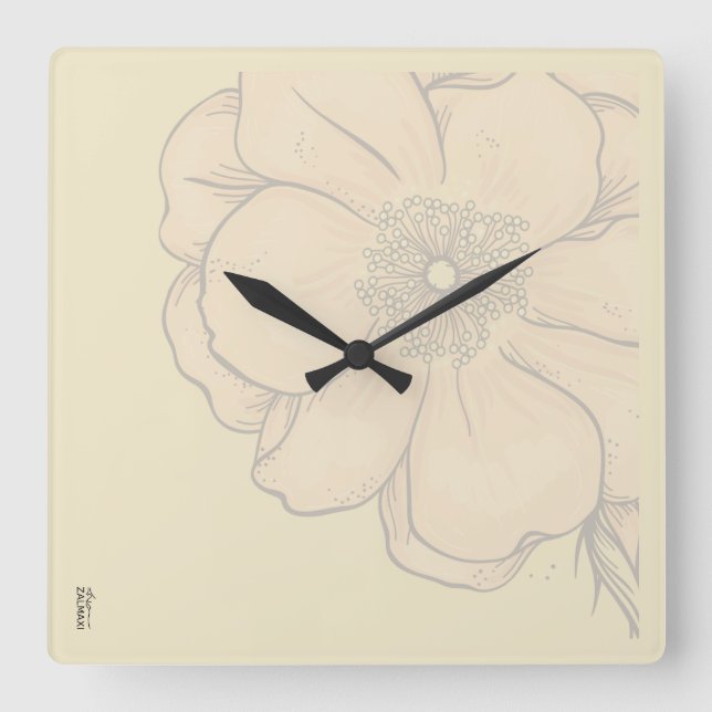 Chic Gold Ivory Abstract Floral Square Wall Clock (Front)