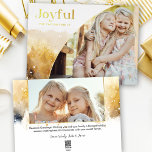 Chic Gold Joyful Script w/Curved Photo  Foil Holiday Card<br><div class="desc">Chic,  modern holiday design featuring sleek custom "Joyful" script in gold foil with unique curved photo template and subtle gold watercolor style winter landscape. Back features additional photo template and text fields.</div>
