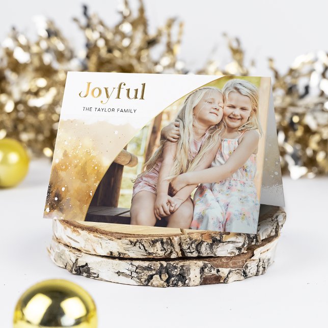 Chic Gold Joyful Script w/Curved Photo  Holiday Card (Creator Uploaded)