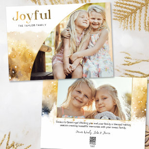 Chic Gold Joyful Script w/Curved Photo  Holiday Card