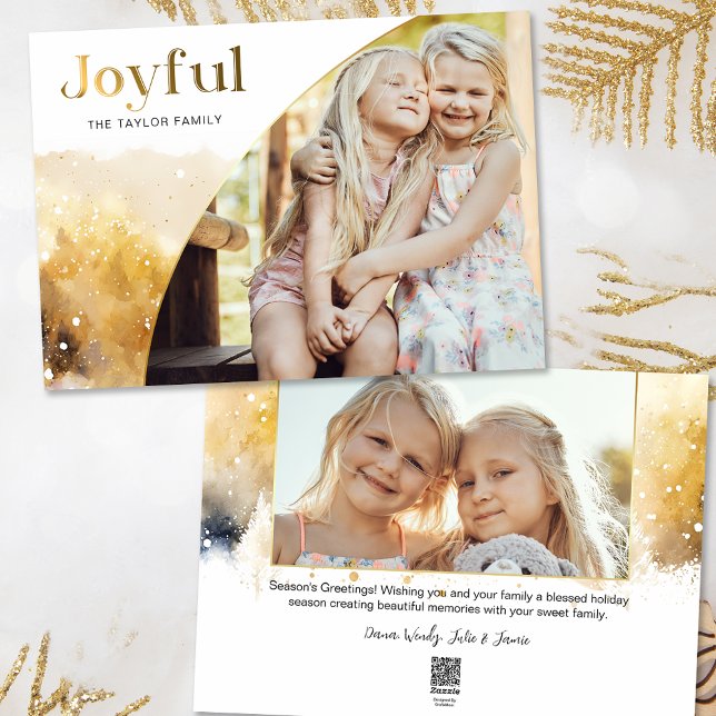 Chic Gold Joyful Script w/Curved Photo  Holiday Card (Creator Uploaded)