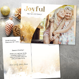 Chic Gold Joyful Script w/Curved Photo  Holiday Postcard